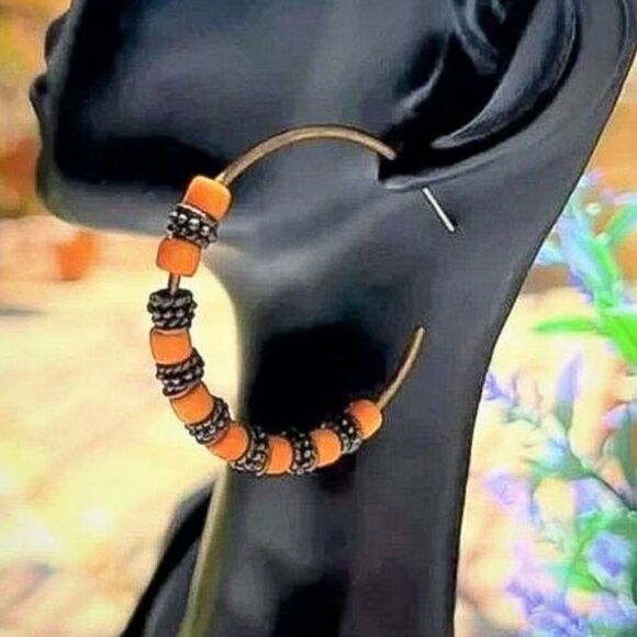 Vintage Retro Brass & Autumn Gold Acrylic Hoop Earrings - Picture 1 of 6